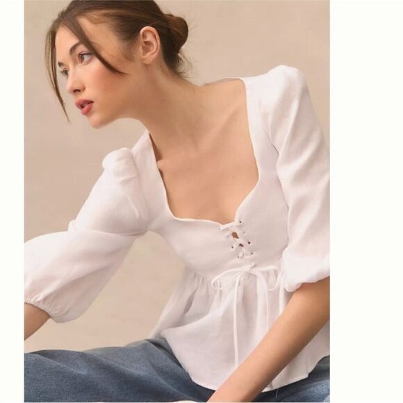 NWT Reformation Abigail White 100% Linen Puff Sleeve Prairie Blouse - Picture 3 of 10